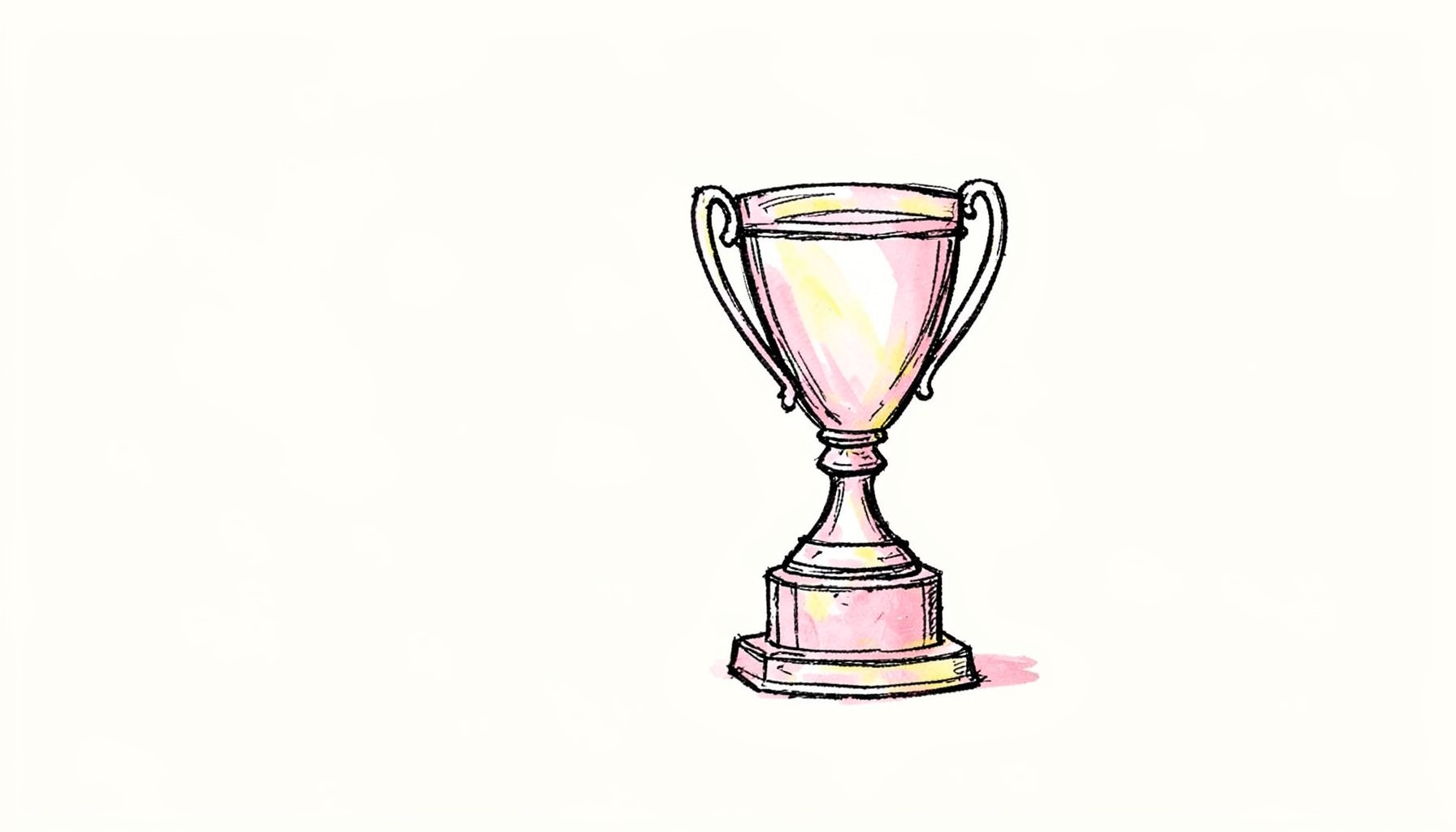 A hand-drawn ink illustration of a slender pen-and-ink fashion sketch beside a small trophy, rendered in black linework with soft pink and yellow shading on a clean off-white background, evoking a quiet editorial mood.