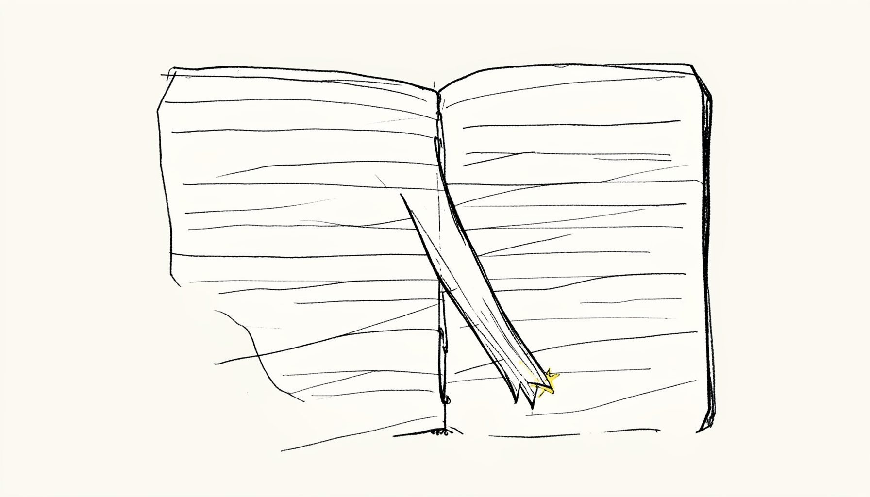 A hand-drawn ink illustration of a slim ribbon bookmark draped across a lined notebook page, drawn in fine black linework with a tiny yellow star highlight, on a plain off-white background with an editorial, understated feel.